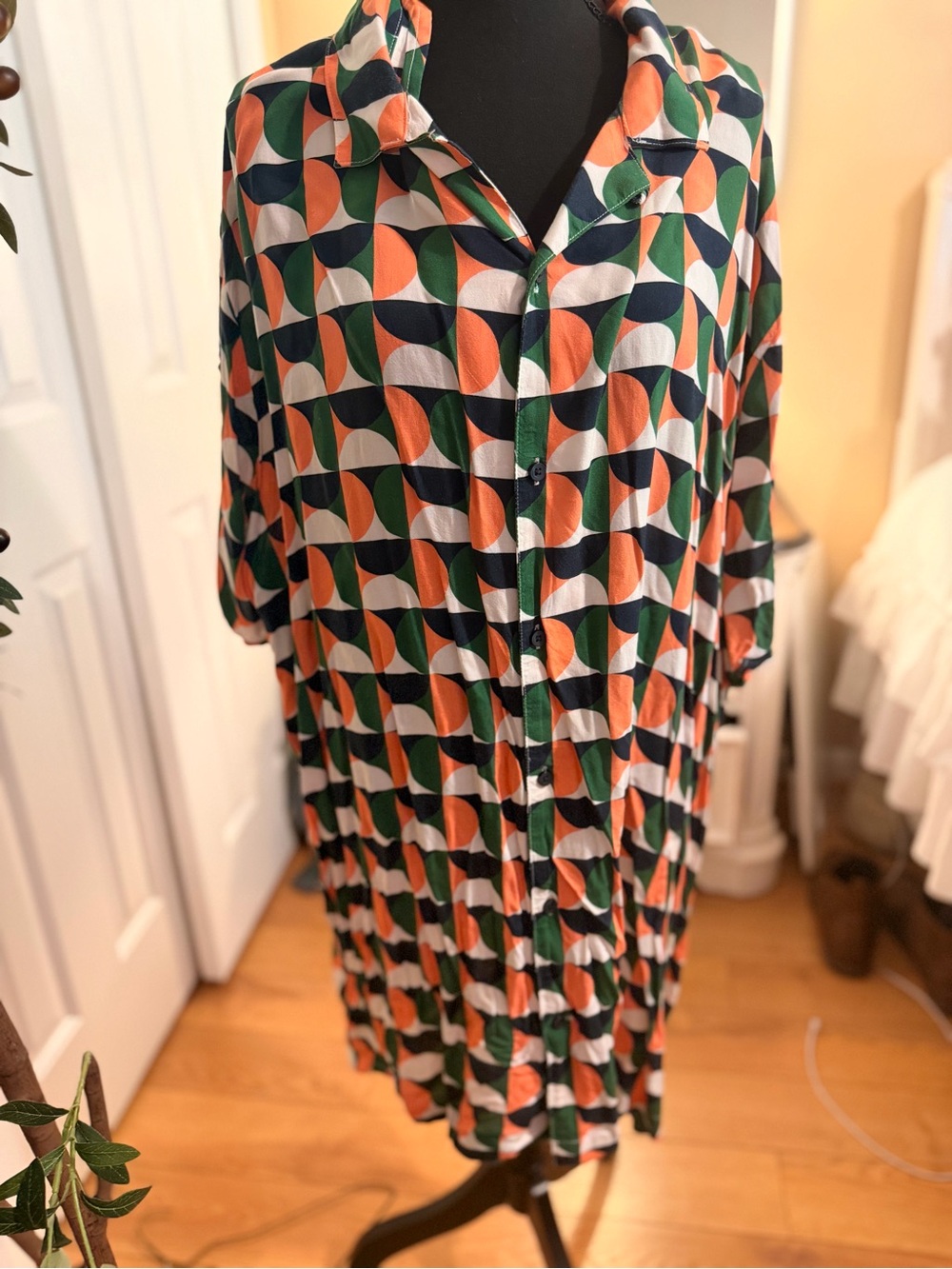 Geometric Print Button-Down Men’s Shirt in Orange, Green & Navy